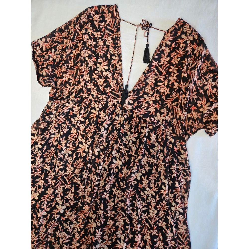 Free People Floral V-Neck Tassel Tie Back Tiered Mini Dress Black Small